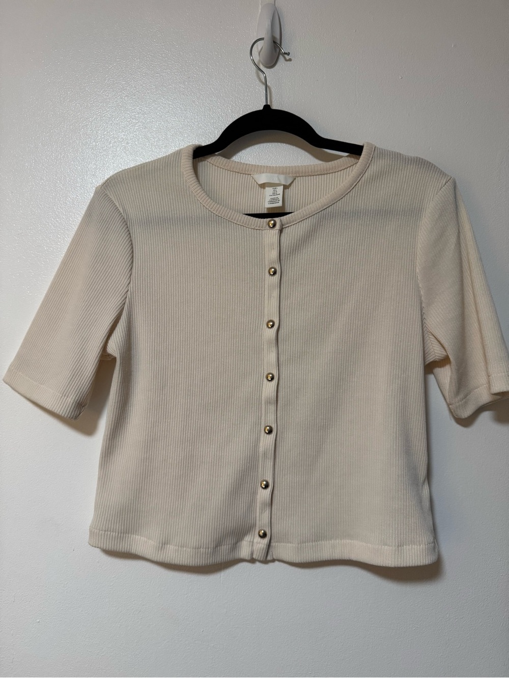 H&M Cream Ribbed Short-Sleeve Button Cardigan with Gold Buttons